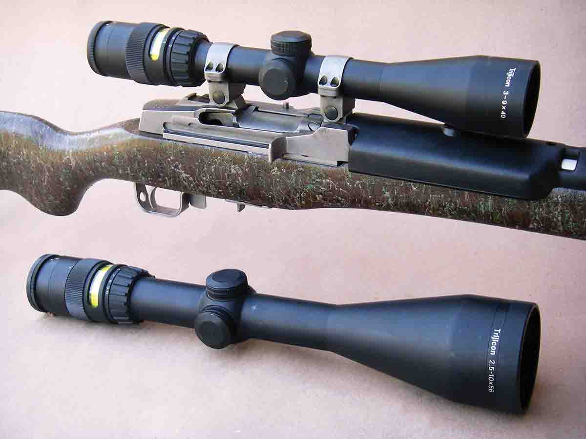 Trijicon offers a full line of hunting scopes suitable for many applications. The 3-9x 40mm (top) features a one-inch main tube while the 2.5-10x 56mm (bottom) has a 30mm main tube. Both have fully coated optics and feature fiber optics to illuminate the tritium lamp reticle.